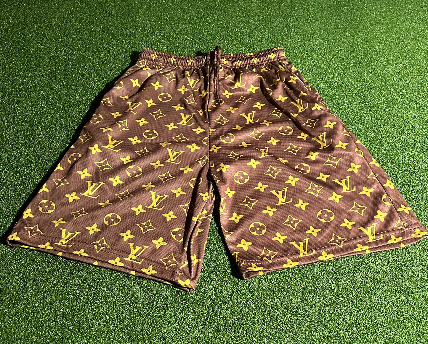 Brown & Gold LV Mesh Shorts – Luxury Streetwear (S–3XL) | Cacasfire