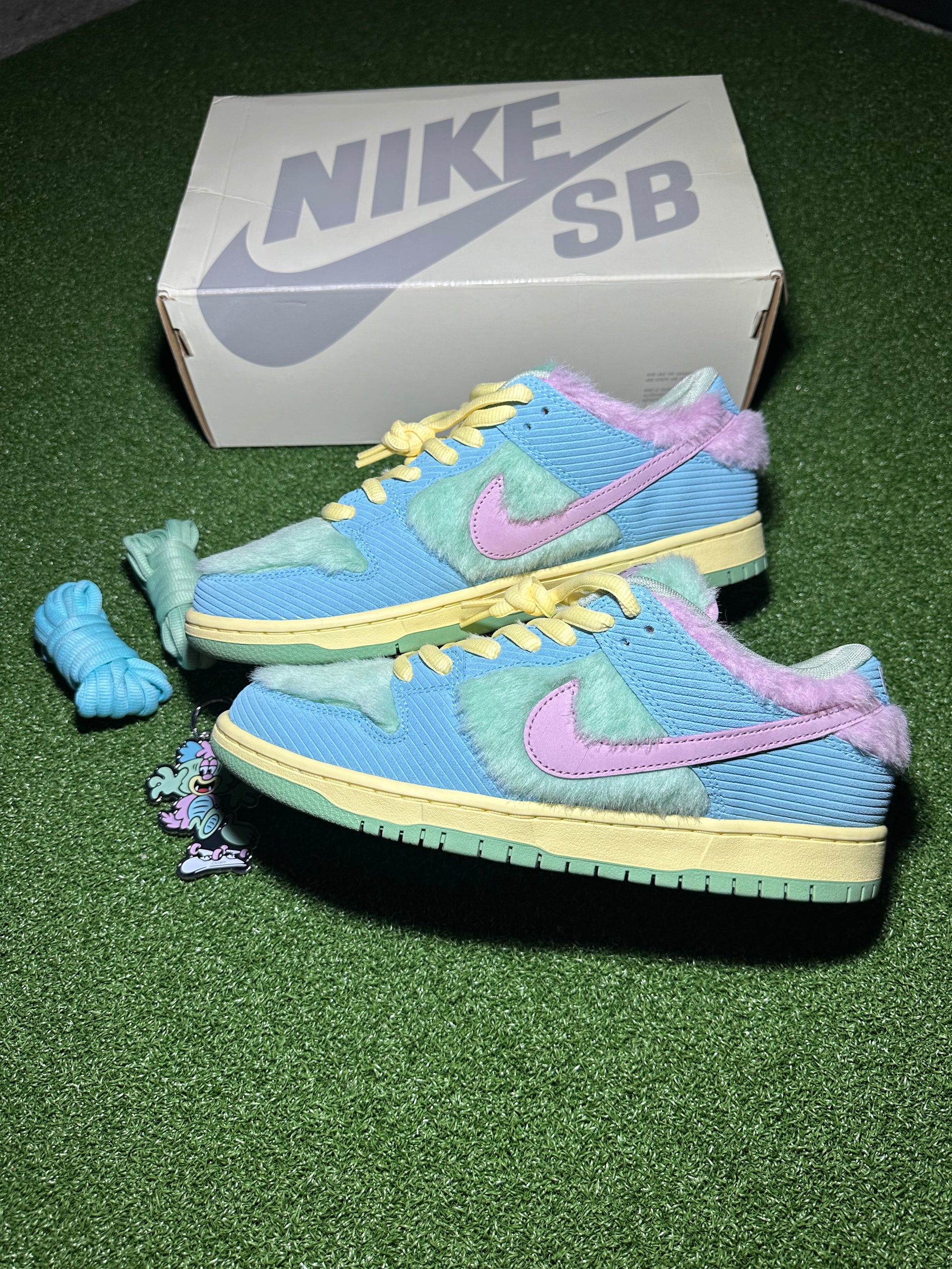 Pastel blue and pink Nike SB sneakers with a matching box on a green surface