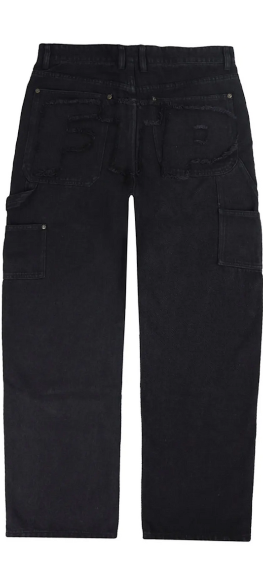 Pantalón de carpintero con logotipo de mezclilla deshilachada de FTP - Negro