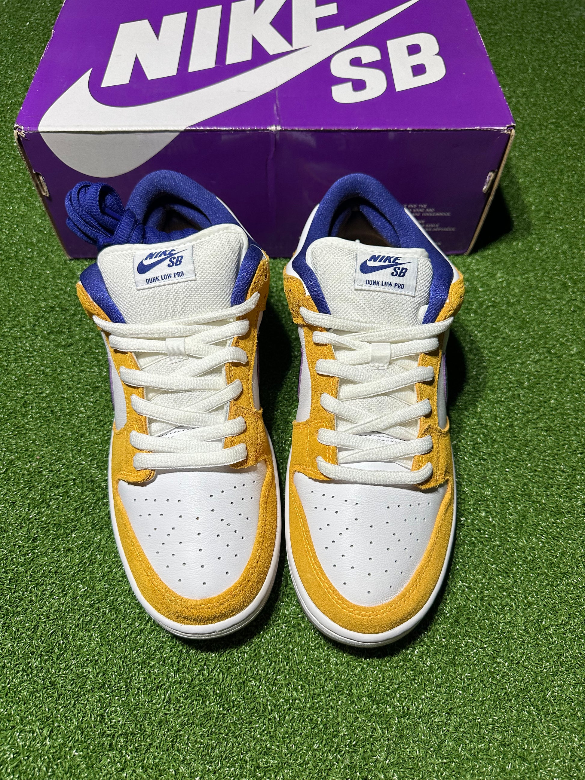 Pair of Nike SB sneakers with a purple box in the background on a green surface