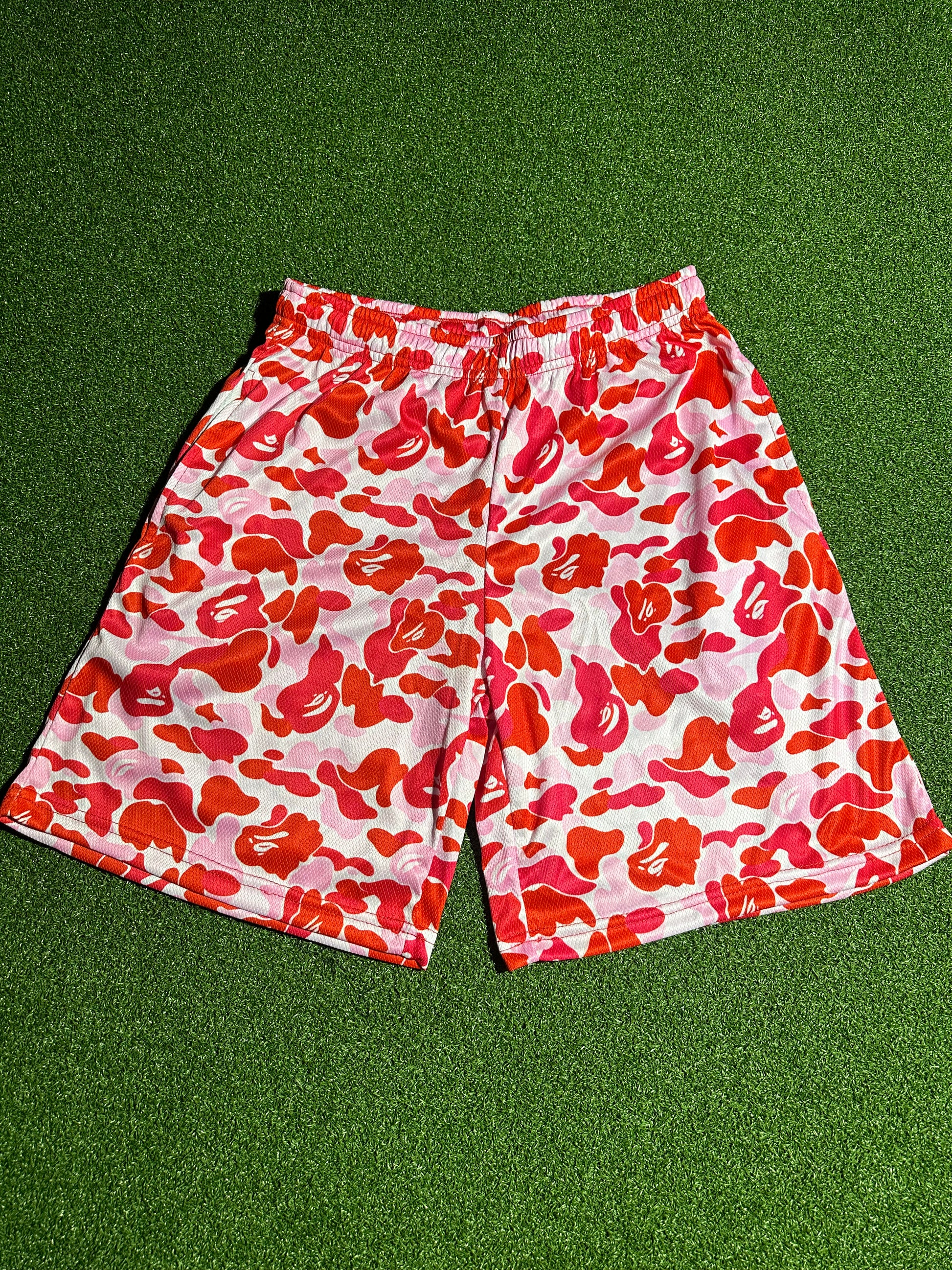 Custom Bape style pink and red camo mesh shorts luxury-inspired breathable streetwear sizes S to 3XL