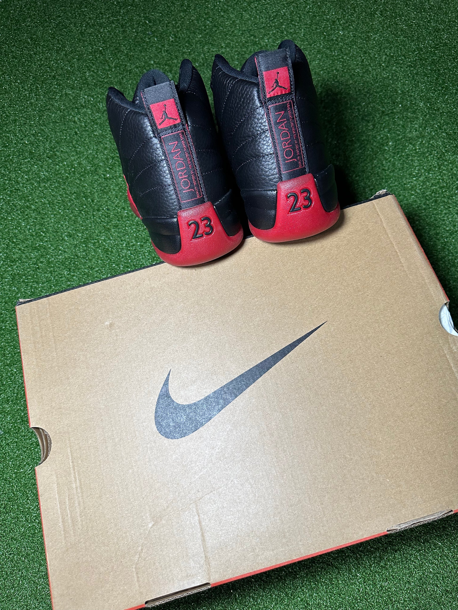 Heel and Jumpman logo on Jordan 12 Flu Game 2025