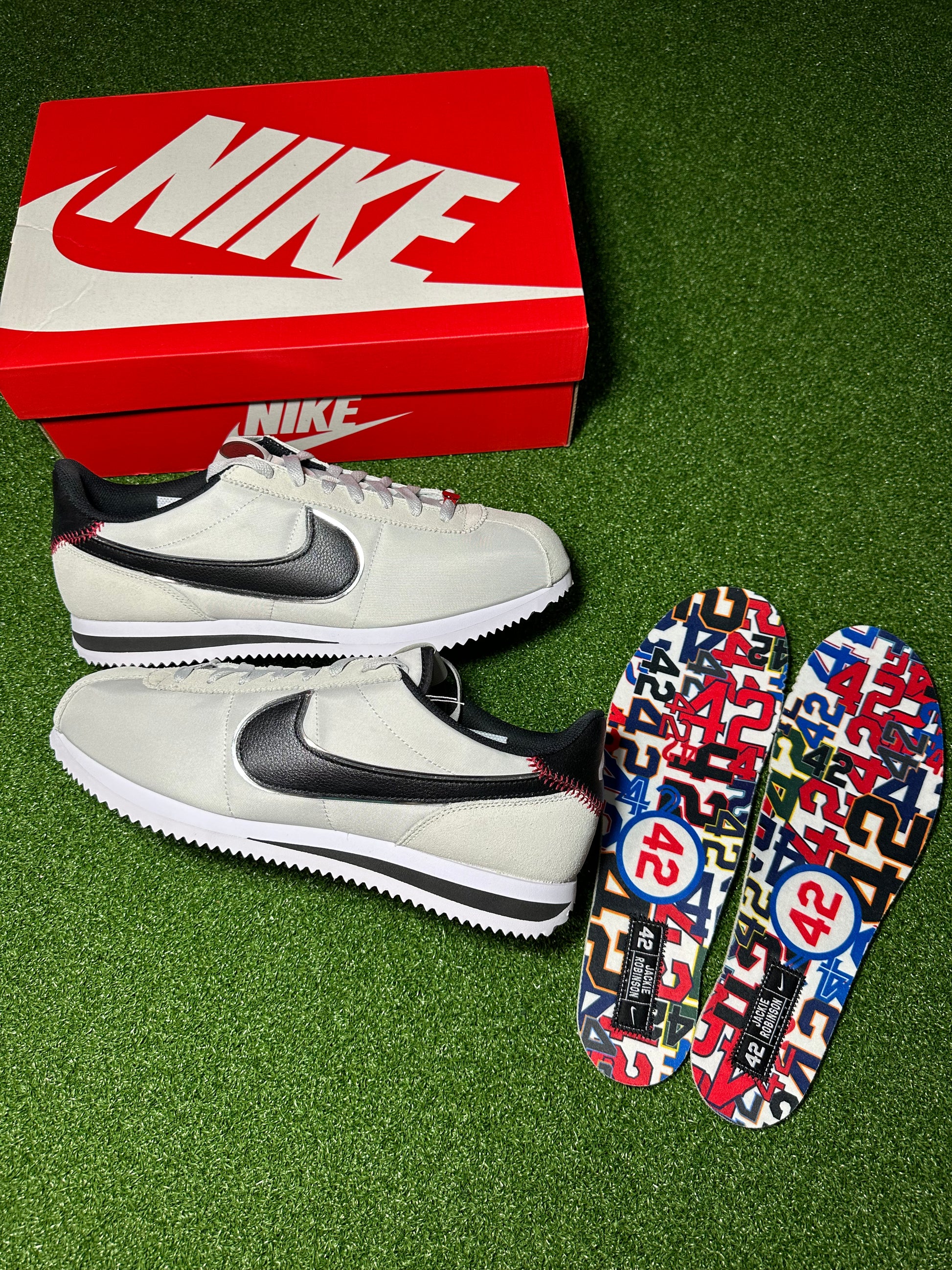 Side angle of Cortez Jackie Robinson tribute sneaker