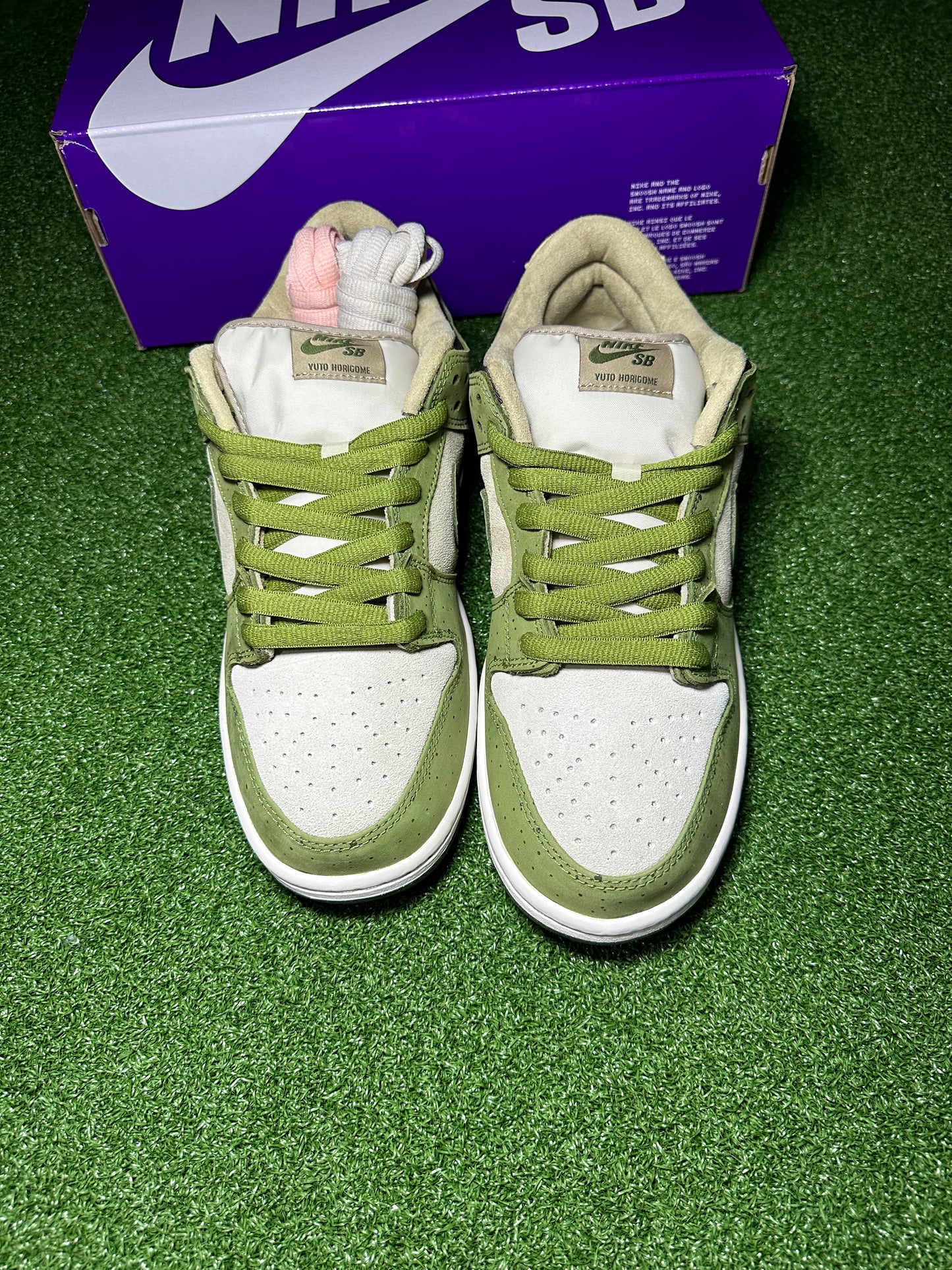 Front view of Yuto Horigome Nike SB Dunk Low Matcha