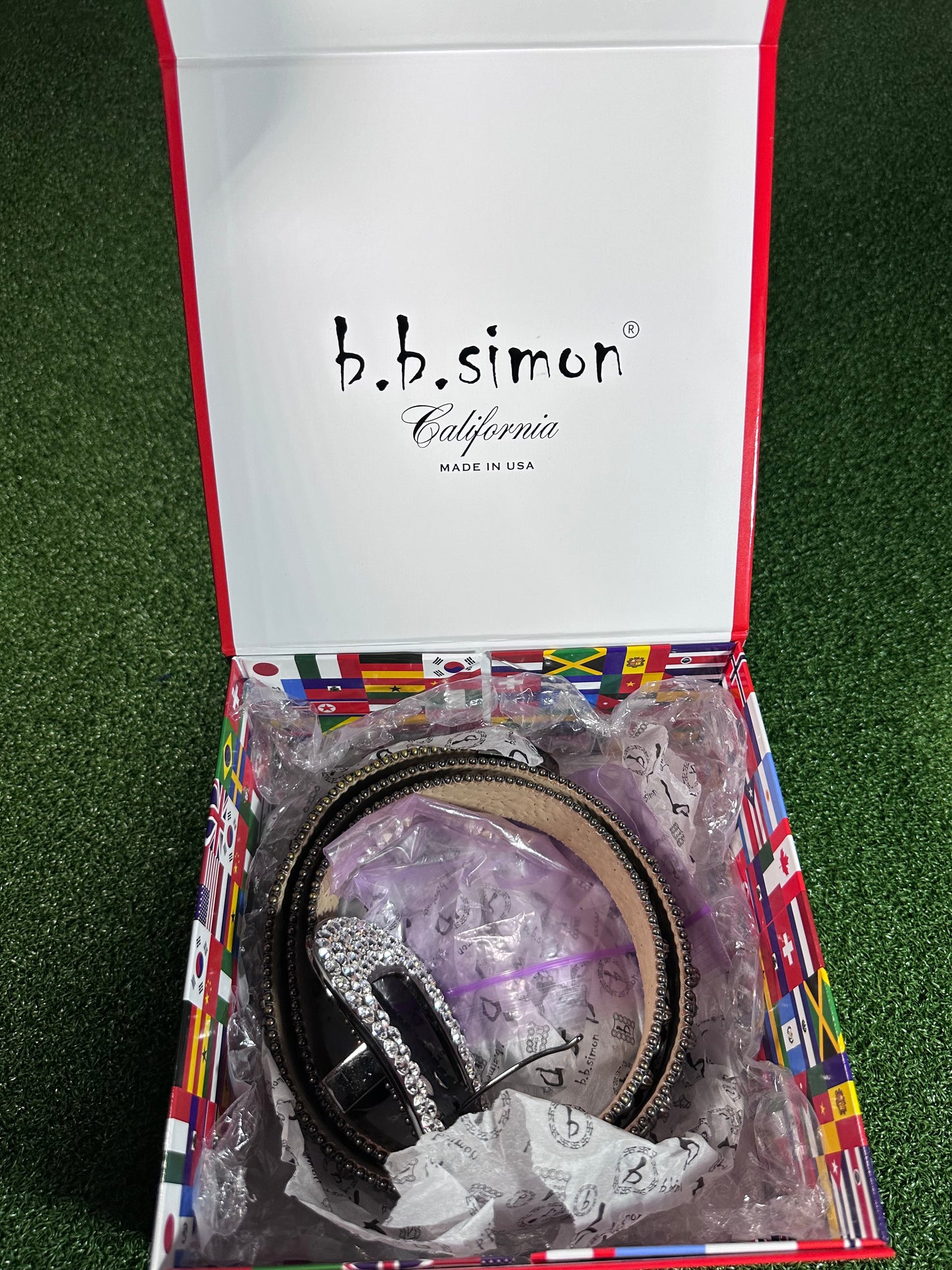 B.B. Simon belt in a decorative box with brand name visible