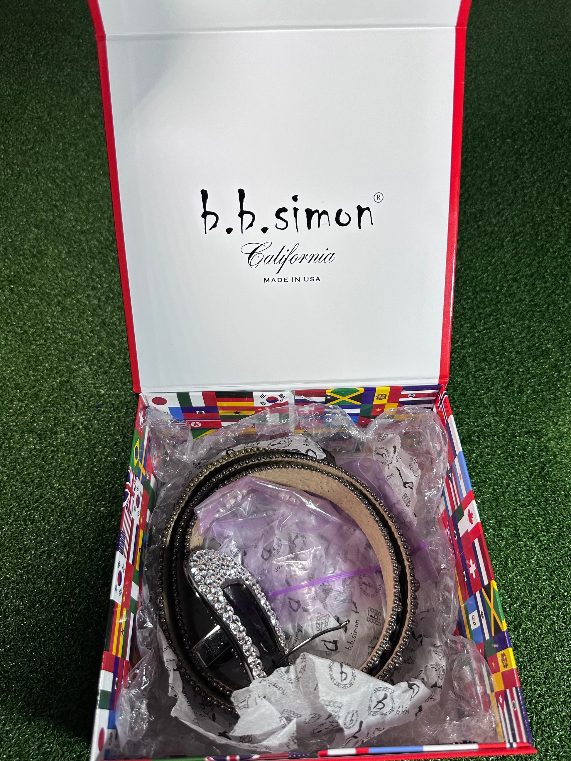 B.B. Simon belt in a decorative box with brand name visible
