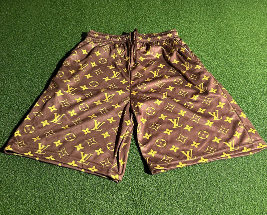 Brown & Gold LV Mesh Shorts – Luxury Streetwear (S–3XL) | Cacasfire
