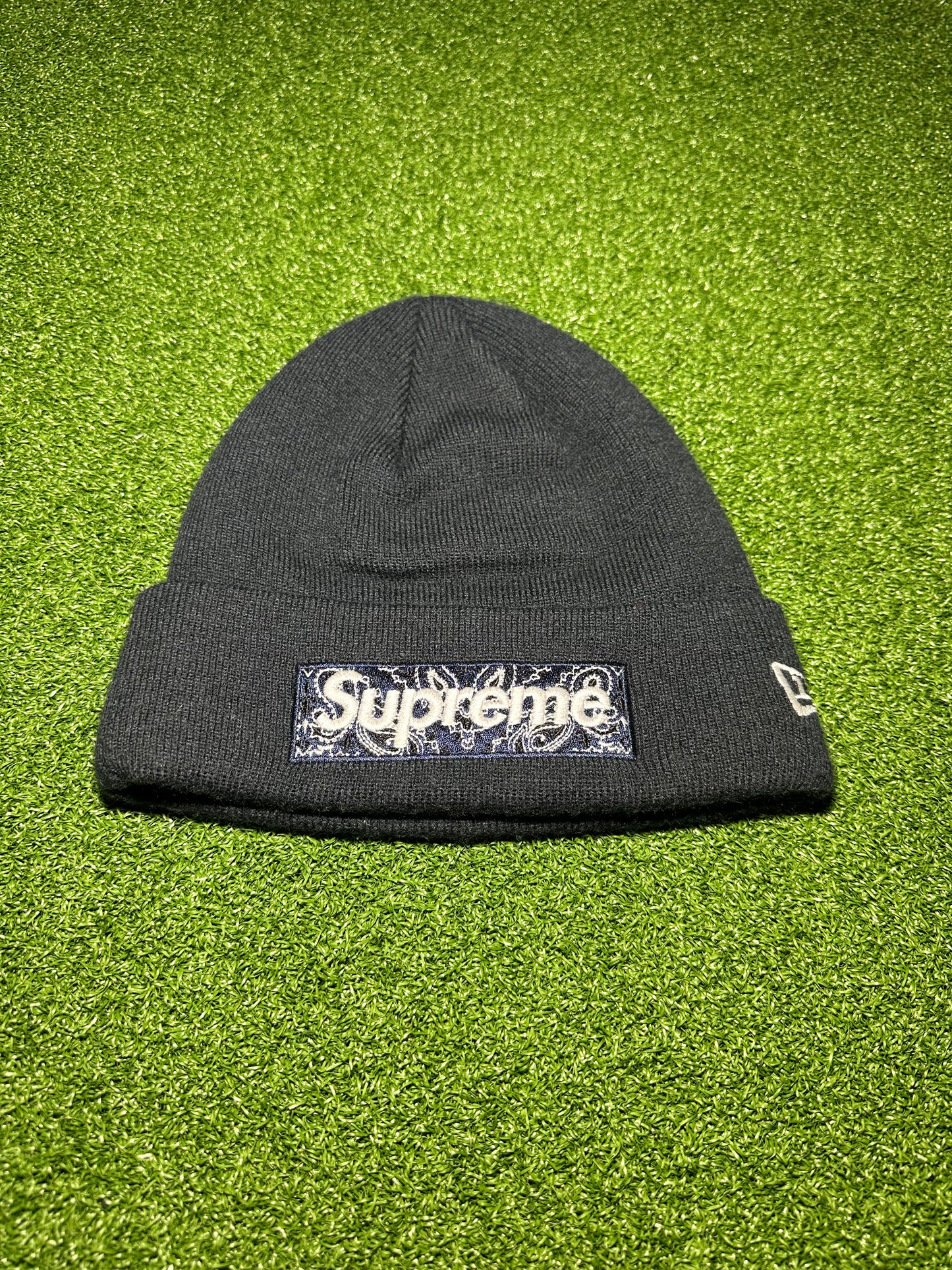 Supreme New Era Box Logo Beanie FW19 Navy Front View