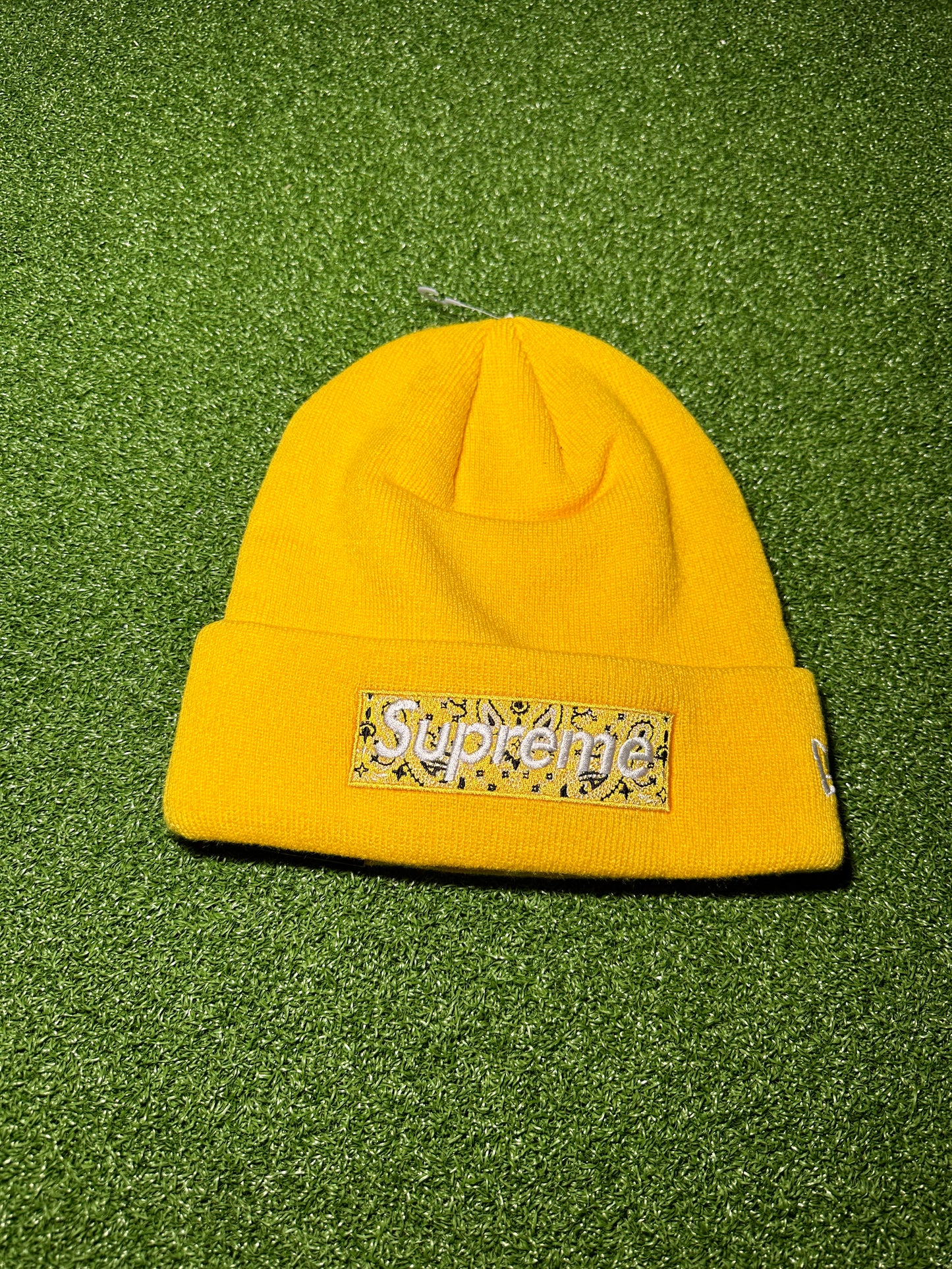 Supreme New Era Box Logo Beanie FW19 Yellow Front View