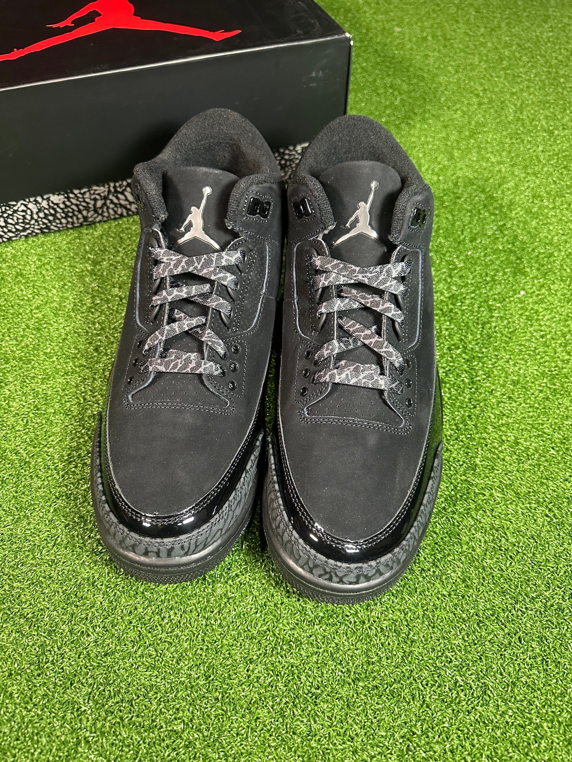 Air Jordan 3 Black Cat 2025 front view – all black colorway